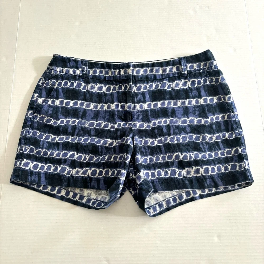 J.Crew Linen Blend Blue White Tie Dye Chain 4.5” Shorts Pockets Women’s size 8‎